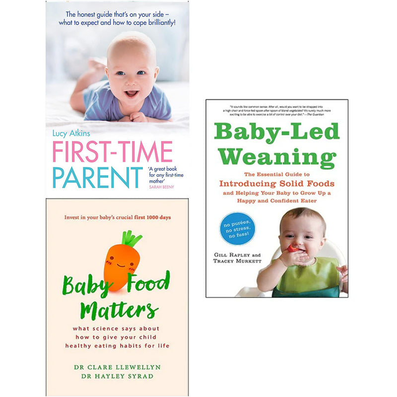 Set of three paperback books on baby-led weaning and baby food by Lucy Atkins and Tracey Murkett, with colorful covers.