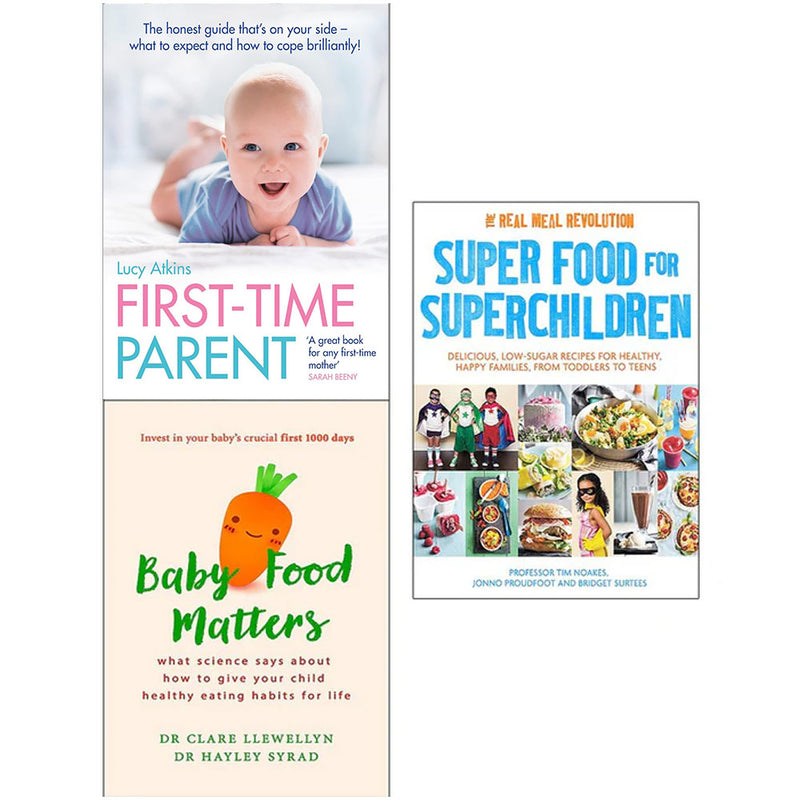 Set of three paperback books on baby food and parenting by Lucy Atkins, focusing on first-time parent tips and nutritious superfoods.