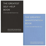 Two blue books from the Vex King collection titled "The Greatest Self-Help" and "The Greatest Manifestation" by Vex King, featuring colorful covers.