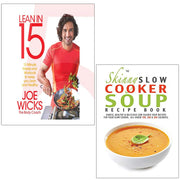 Two paperback books from the Lean In 15 collection by Joe Wicks and CookNation, featuring slow cooker soup recipes and healthy cooking tips.