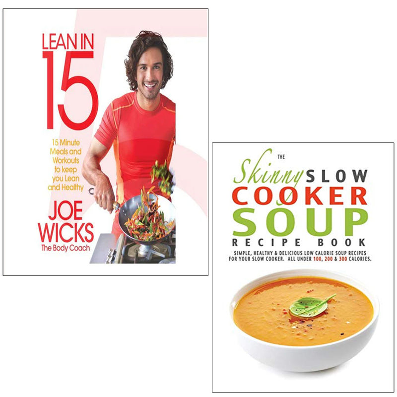 Two paperback books from the Lean In 15 collection by Joe Wicks and CookNation, featuring slow cooker soup recipes and healthy cooking tips.