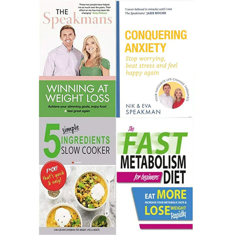 Set of four non-fiction books by Eva and Nik Speakman on weight loss, anxiety, and simple recipes, published by Orion Spring/Iota.