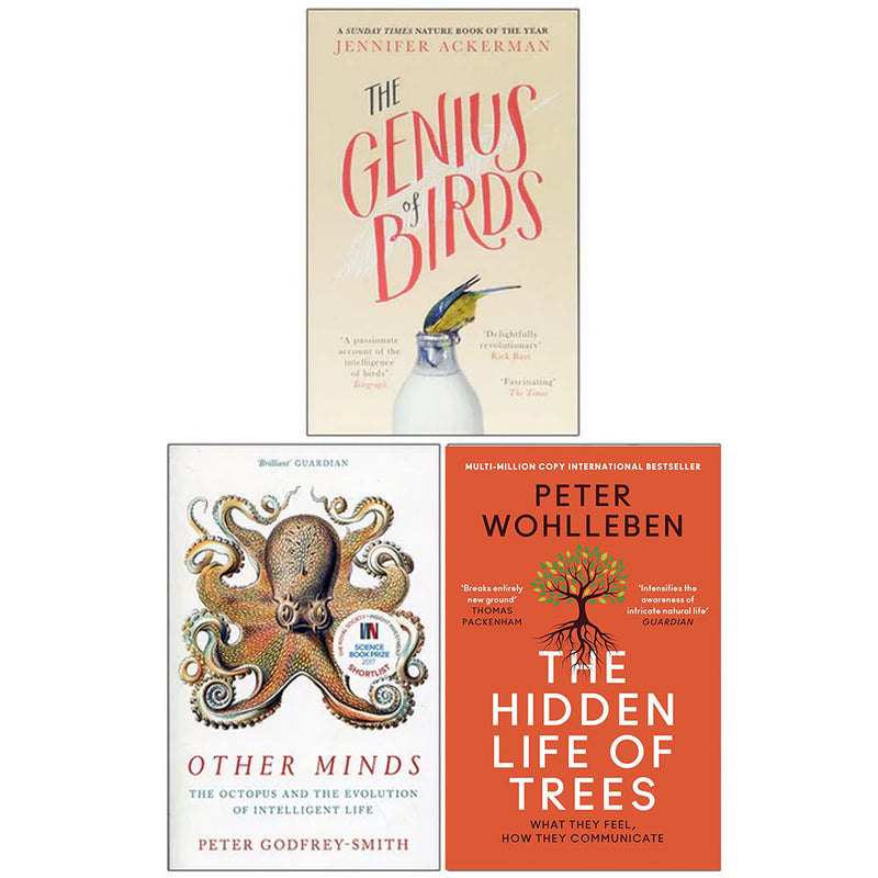 Set of three paperback nonfiction books by Jennifer Ackerman on birds, minds, and trees, published by Corsair/William Collins.