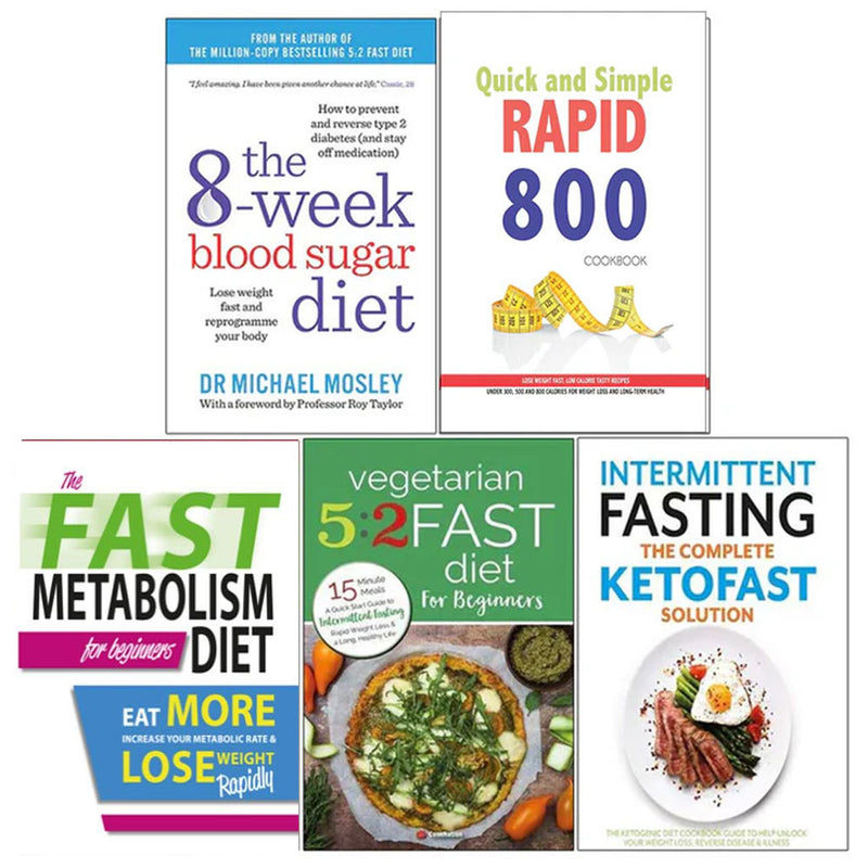 Set of five paperback books including The Blood Sugar Diet and Fast Metabolism Diet by Michael Mosley and Iota, focusing on health and nutrition.