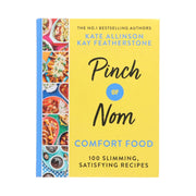 Book cover for "Pinch of Nom Comfort Food" featuring colorful dish images, by Kay and Kate Allinson, showcasing satisfying slimming recipes.