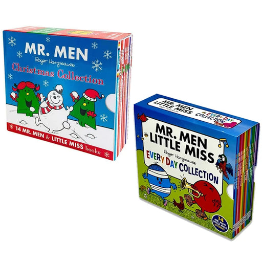 Mr Men and Little Miss Christmas and everyday collection of 28 books by Roger Hargreaves, featuring colorful cartoon characters.