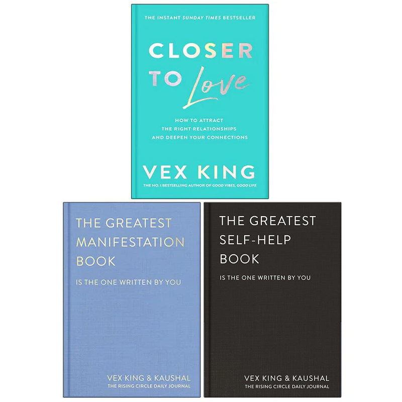 Vex King Collection of three blue paperback books: Closer to Love, The Greatest Self-help Book, and The Greatest Manifestation Book, by Bluebird Ltd.