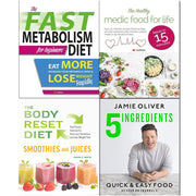 Collection of four books on smoothies and juices from The Body Reset Diet by Jaime Oliver & Iota Publishing, featuring colorful covers.