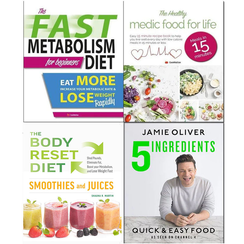 Collection of four books on smoothies and juices from The Body Reset Diet by Jaime Oliver & Iota Publishing, featuring colorful covers.