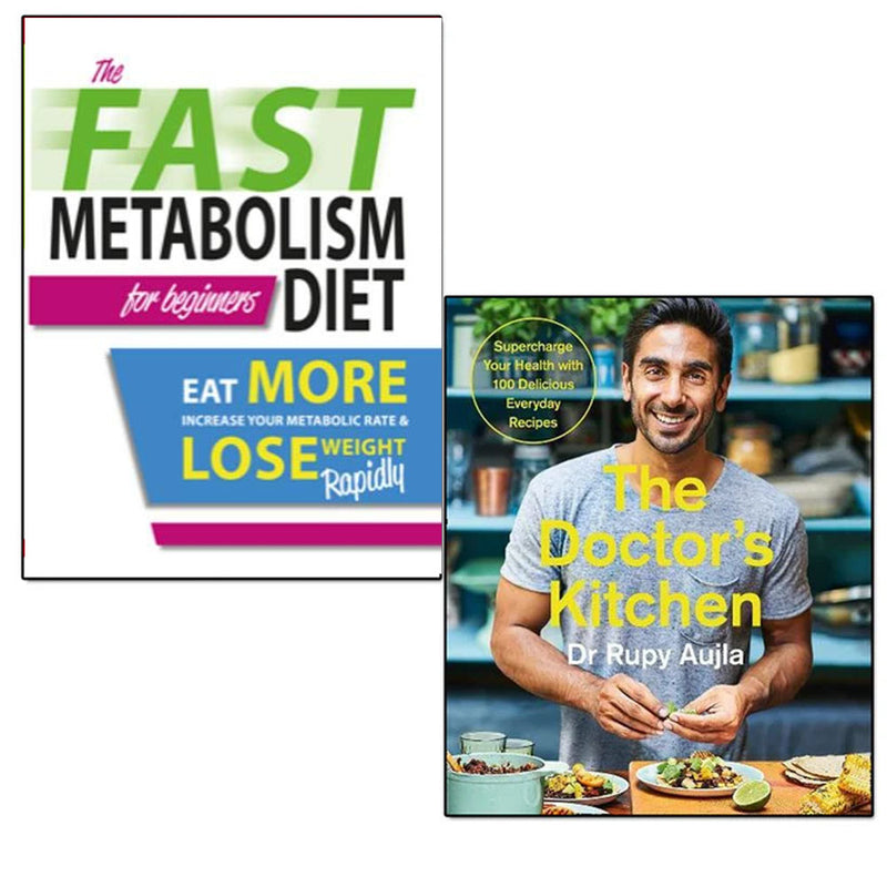 Two paperback books from the Doctor’s Kitchen Fast Metabolism Diet for Beginners collection by Iota & Dr Rupy Aujla, featuring colorful cover designs.