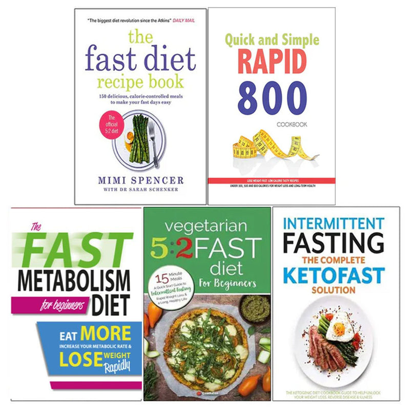 Collection of five paperback diet and metabolism books by Dr. Sarah Schenker and Mimi Spencer, focusing on fasting and healthy eating.