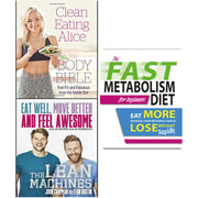Set of three paperback books on clean eating, lean metabolism, and healthy diet by Alice Liveing and authors, featuring colorful covers.