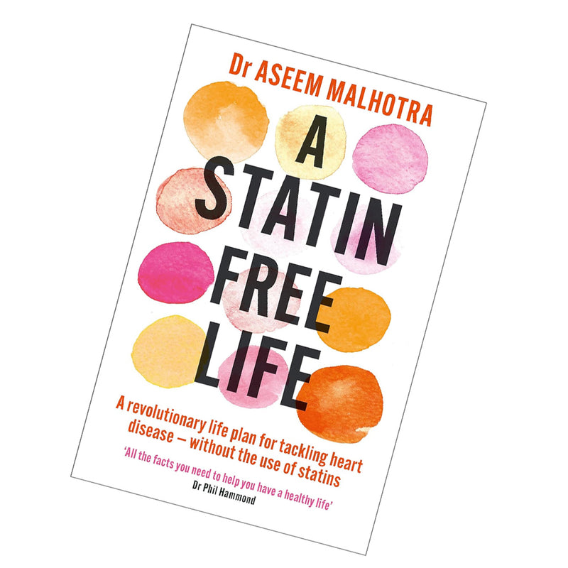 Paperback of "A Statin-Free Life" by Dr. Aseem Malhotra, yellow cover, showcasing the book's title and author on a plain background.