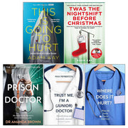 Collection of five paperback books by Adam Kay and Dr. Amanda Brown, including "This Is Going to Hurt" and "Twas the Nightshift Before Christmas."