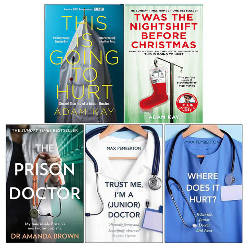 Collection of five paperback books by Adam Kay and Dr. Amanda Brown, including "This Is Going to Hurt" and "Twas the Nightshift Before Christmas."