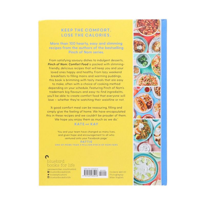Book cover of "Pinch of Nom Comfort Food" by Kay and Kate Allinson, featuring a colorful, inviting food layout.