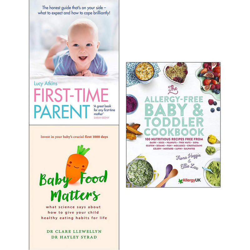 First-Time Parent allergy-free baby and toddler cookbook set by Lucy Atkins, featuring healthy recipes for young children.