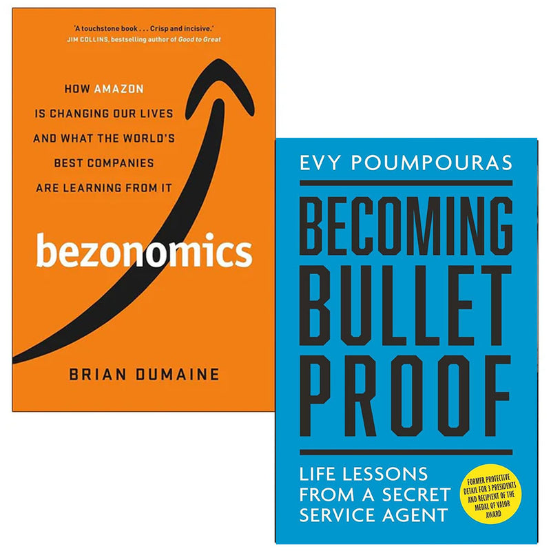 Collection of two non-fiction books by Brian Dumaine and Evy Poumpouras, featuring covers of Bezonomics and Becoming Bulletproof.