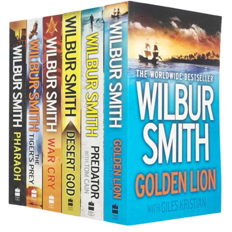 Six paperback Wilbur Smith fiction books from the Harper Collins Wilbur Smith Collection set displayed together.