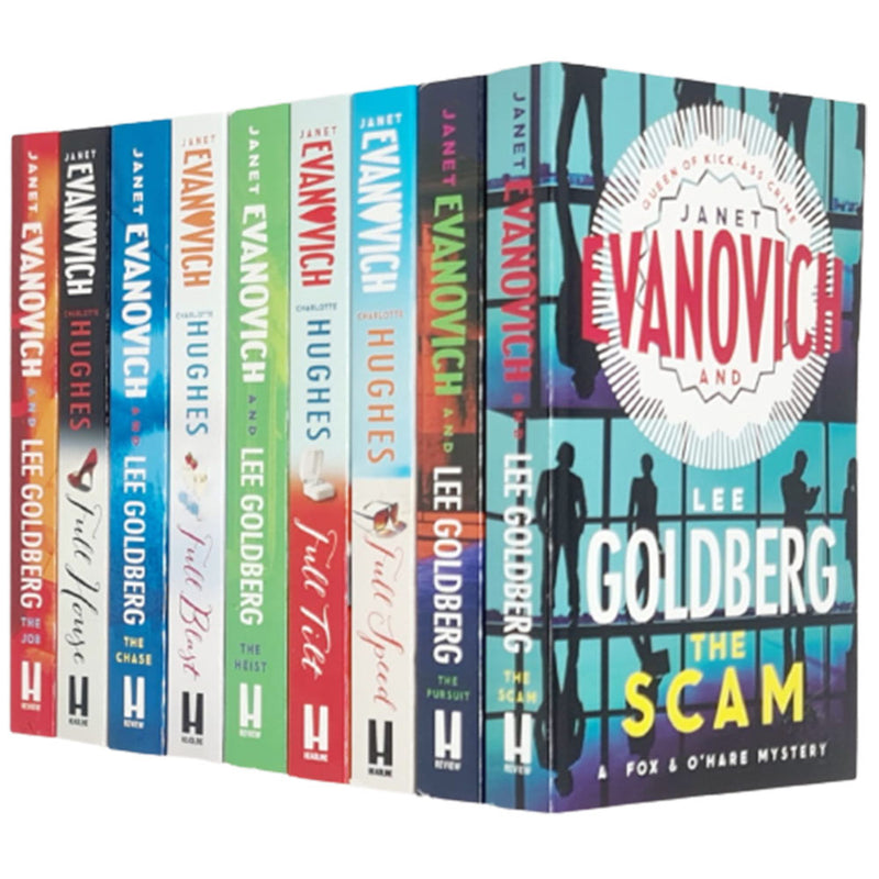 Jane Evanovich 9-book collection set featuring book covers from Scam, Pursuit, Full Speed, Full Tilt, Heist, and more.