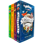 Four paperback Cogheart Adventures books by Peter Bunzl, fiction collection with colorful covers, published by Usborne Publishing Ltd.
