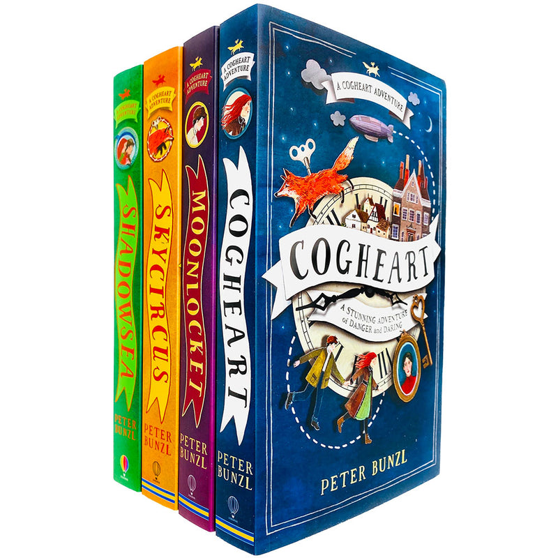 Four paperback Cogheart Adventures books by Peter Bunzl, fiction collection with colorful covers, published by Usborne Publishing Ltd.