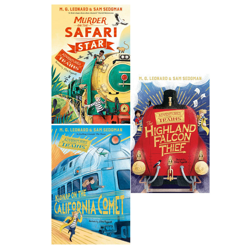 Set of three "Adventures on Trains" paperback books by M. G. Leonard, featuring colorful train-themed covers for children.