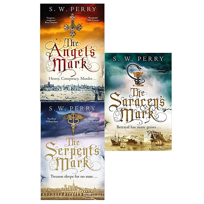 Corvus book set by S. W. Perry featuring The Angel's Mark, The Serpent's Mark, and Saracen's Mark from The Jackdaw Mysteries Series 3.