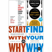 Set of four Simon Sinek leadership and motivation books including Infinite Game, Start With Why, Leaders Eat Last, and Find Your Why.