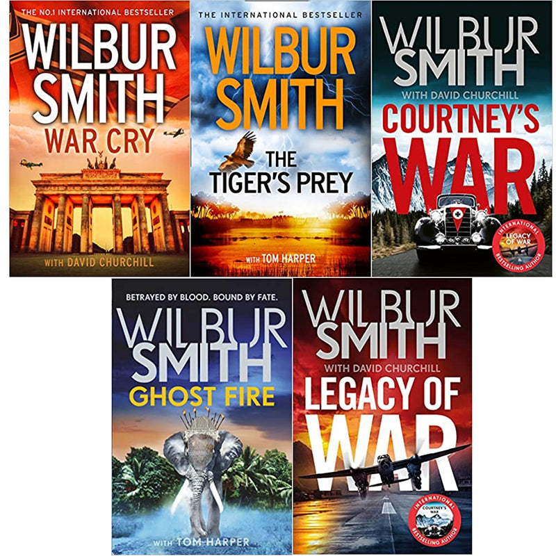 Wilbur Smith Zaffre book set featuring five novels: Ghost Fire, Legacy of War, War Cry, The Tiger’s Prey, and Courtney's War.
