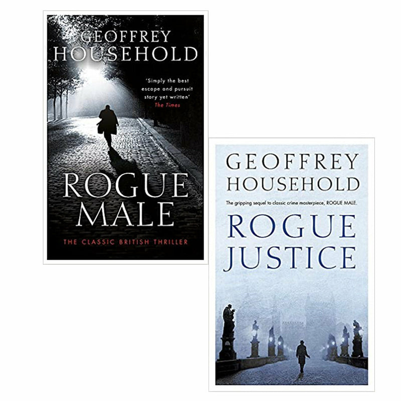 Two hardcover books from Geoffrey Household's Rogue Male series, titled Rogue Male and Rogue Justice, with the Orion Ltd branding.