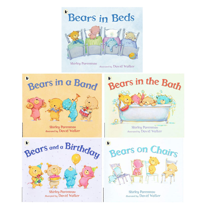 Collection of Bears Series 5 books by Shirley Parenteau, featuring colorful covers with bears, beds, band, bath, birthday, and chairs.