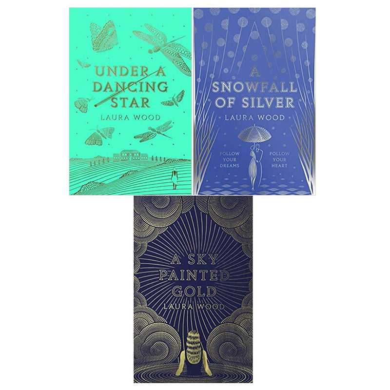 Laura Wood 3-book collection set featuring "A Sky Painted Gold," "Under A Dancing Star," and "A Snowfall of Silver, Scholastic edition.