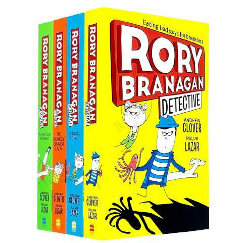 Set of four Rory Branagan Detective Series paperback books by Andrew Clover, featuring colorful covers and detective illustrations.