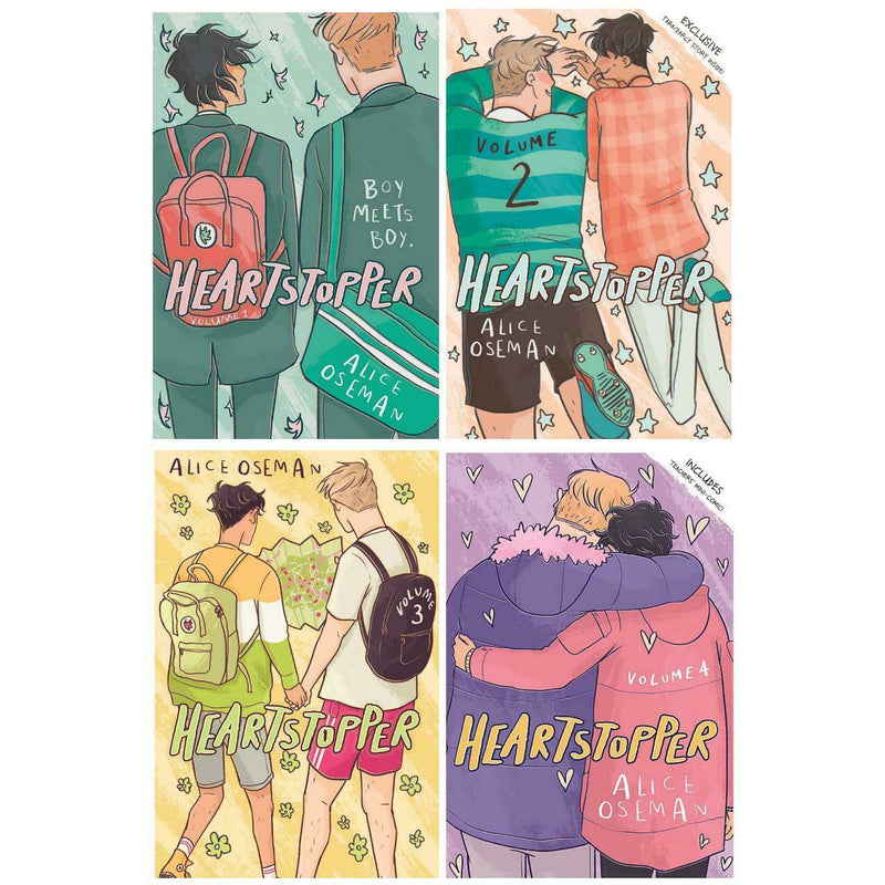 Set of four Heartstopper graphic novels by Alice Oseman, hardcover collection featuring colorful cover art from the Hodder edition.