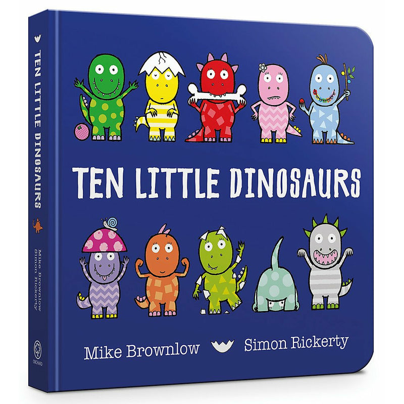 Ten Little Dinosaurs board book by Mike Brownlow featuring colorful illustrations of playful dinosaurs for young children.