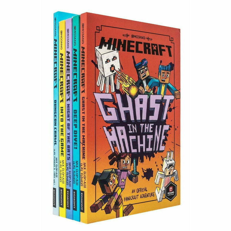 Minecraft Into the Game Woodsword Chronicles collection of five books by Mojang AB, featuring colorful covers and illustrations.