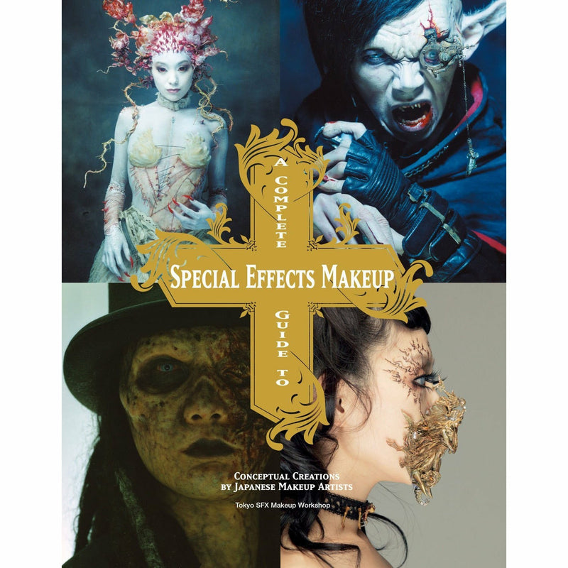 Open paperback book titled "A Complete Guide To Special Effects Makeup" by Tokyo SFX Makeup Workshop, showing colorful SFX makeup techniques.