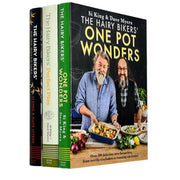Set of three Hairy Bikers cookbooks including One Pot Wonders, Perfect Pies, and Asian recipes, with colorful cover images.