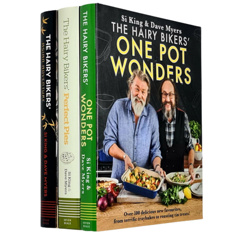 Set of three Hairy Bikers cookbooks including One Pot Wonders, Perfect Pies, and Asian recipes, with colorful cover images.