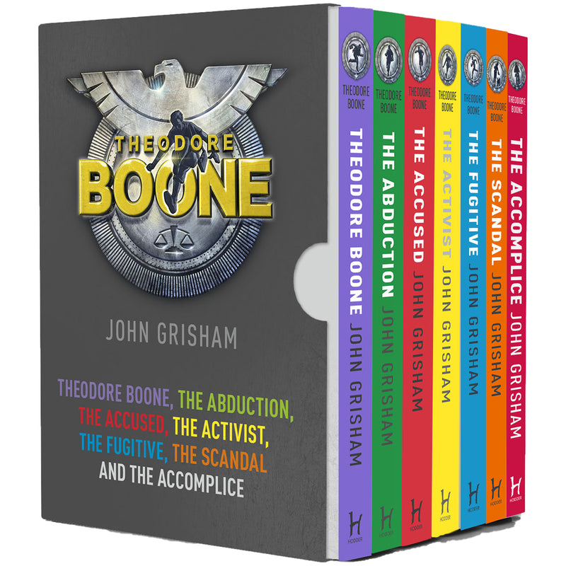 Collection of Theodore Boone Series books 1-7 by John Grisham, featuring colorful covers and spines in a box set.