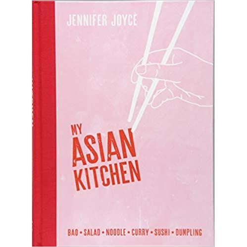 Hardcover book titled "My Asian Kitchen" by Jennifer Joyce, featuring Asian salad, noodle, curry, and sushi recipes on the cover.