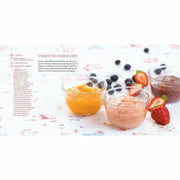 Cover of "Top 100 Baby Purees" hardcover cookbook by Annabel, featuring colorful illustrations of healthy baby food meals.