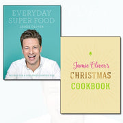 Two hardcover books: Jamie Oliver's Everyday Super Food and Christmas Cookbook, with colorful cover designs by Jamie Oliver and Iota.