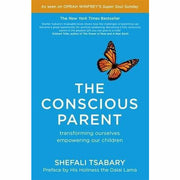 Set of two paperback books, The Conscious Parent and The Awakened Family by Shefali Tsabary, with yellow book covers.
