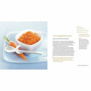 Cover image of "Top 100 Baby Purees" hardcover book by Annabel, featuring colorful illustrations of healthy baby food meals.