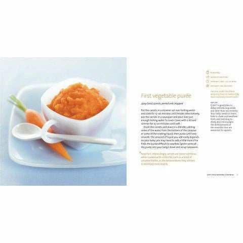 Cover image of "Top 100 Baby Purees" hardcover book by Annabel, featuring colorful illustrations of healthy baby food meals.