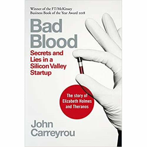 Cover image of "Bad Blood" by John Carreyrou, a non-fiction paperback about Silicon Valley startup scandals, published by Picador.