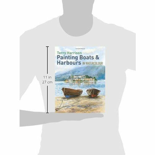 Watercolour painting of boats and harbours by Terry Harrison, featuring detailed water and shoreline scenes in a paperback book.