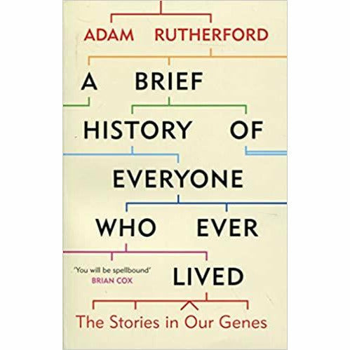 Paperback book titled "A Brief History of Everyone Who Ever Lived" by Adam Rutherford, featuring a cover with text and design elements.